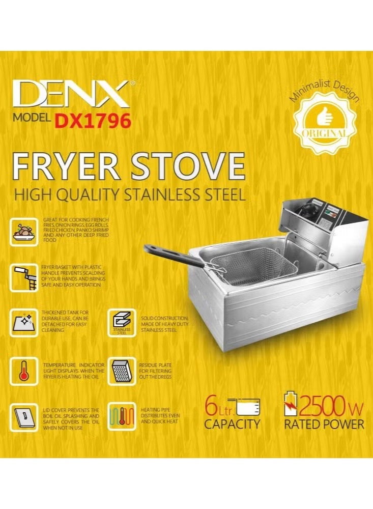 Denx Stainless Steel 6L Deep Oil Fryer with Basket Strainer Jumbo Size Adjustable Temperature & Timer, Perfect Chicken, Shrimp, French Fries, Chips & More, Removable Oil Container - Image 4